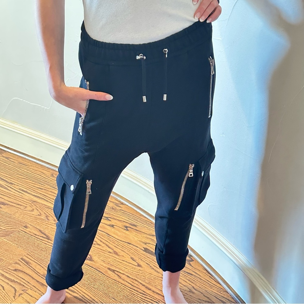BALMAIN Black Cargo Drop Crotch Jogger Pants with Zipper Details NWT size S🌸